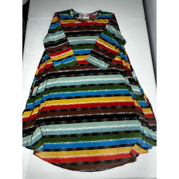 L&B Lucky & Blessed Rainbow Aztec Pattern Striped High Low Slinky Dress Sz S - Picture 5 of 13
